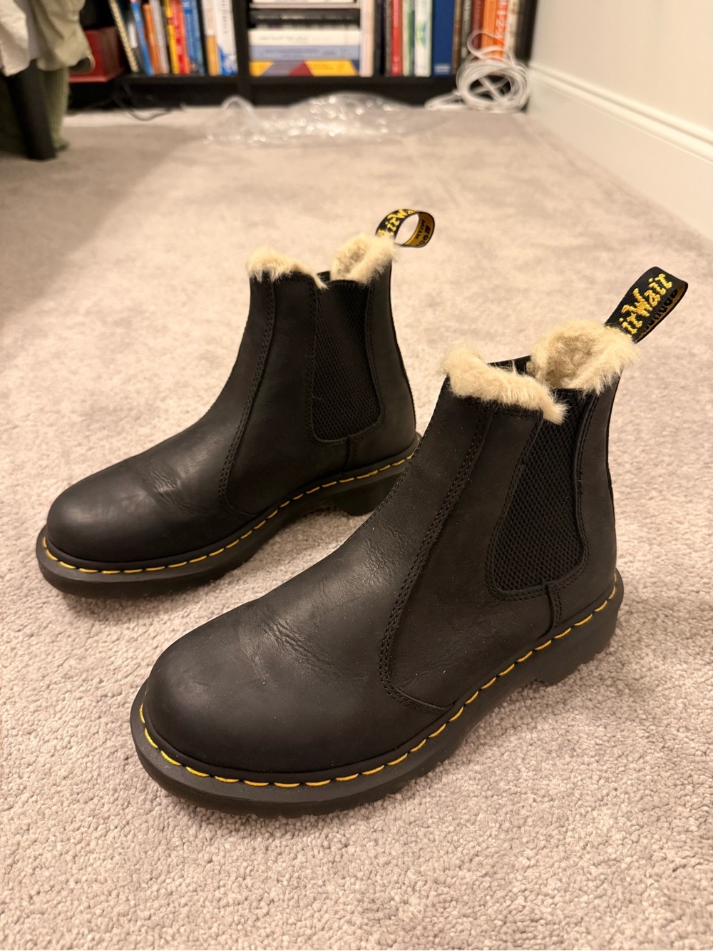 Dr. Martens Black Leather Fur-Trim Chelsea Booties